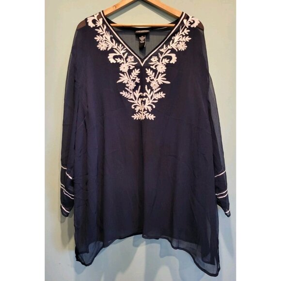 Catherines Navy Embroidered 2pc Tank & Attached Sheer Tunic Top Sz 4X - Picture 1 of 7